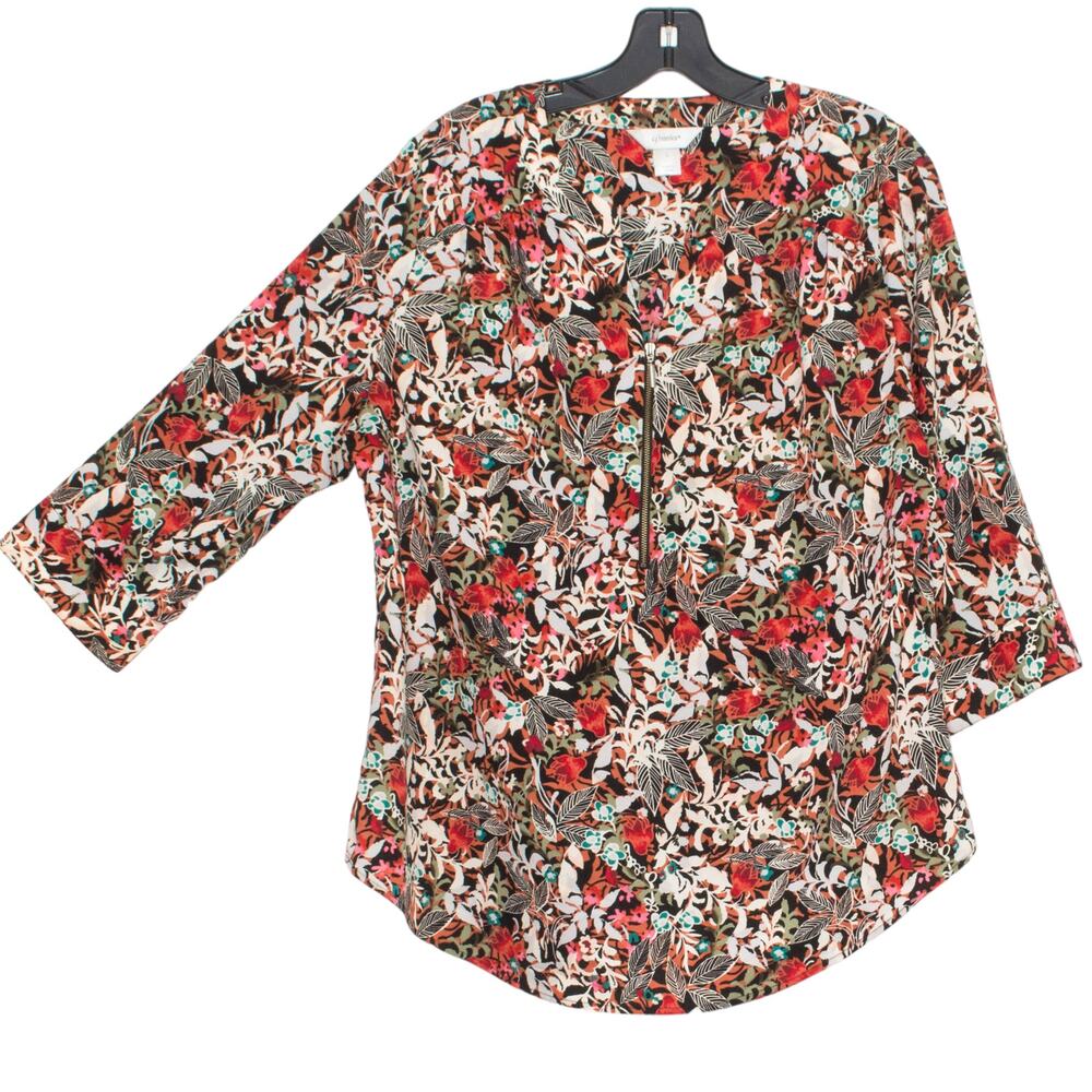 CJ Banks Womens Top Popover 1/2 Zip 3/4 Roll Tab Sleeve Floral Plus Size 14W FL